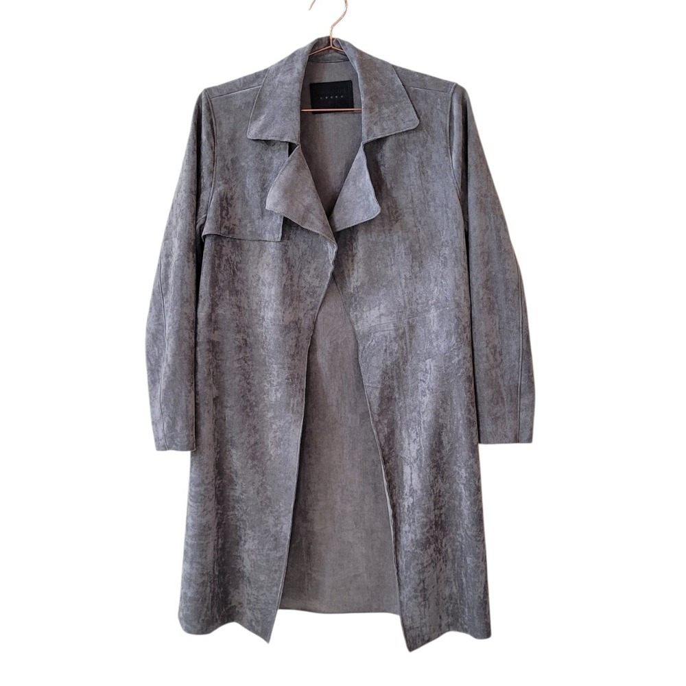 BLANK NYC S Grey Faux Suede Open Front Trench Coat Women *Missing Tie Belt